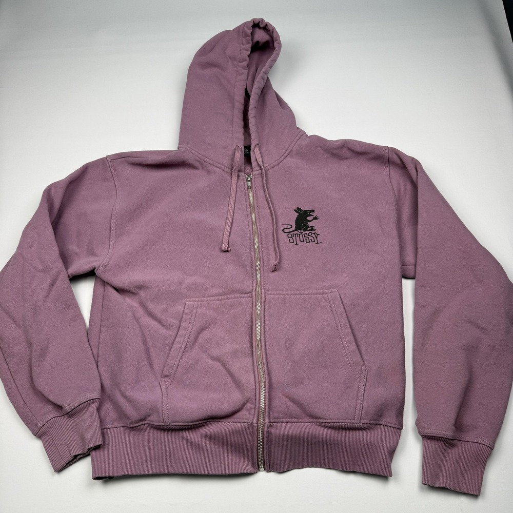 Stussy Hoodie Mens Large Purple Full Zip Fleece Rat Graphic Logo Sweatshirt
